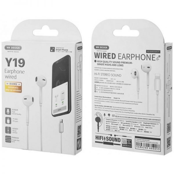 Ακουτικα hands Free με μικρόφωνο Lighting Y19 WK White 250512 - Image 2