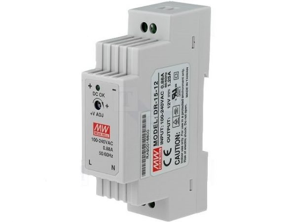 Τροφοδοτικό ράγας 12V DC 1.25A 15W DR15-12 MEAN WELL